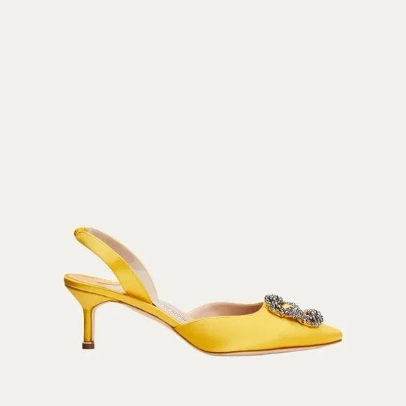 Manolo Blahnik Hangisi Kitten-Heel Satin Slingback Pumps - Picture 4 of 6